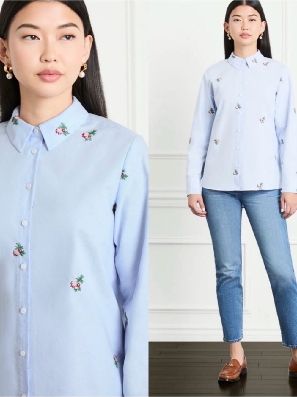 Hill House Light Blue Button-Up Shirt with Delicate Floral Embroidery